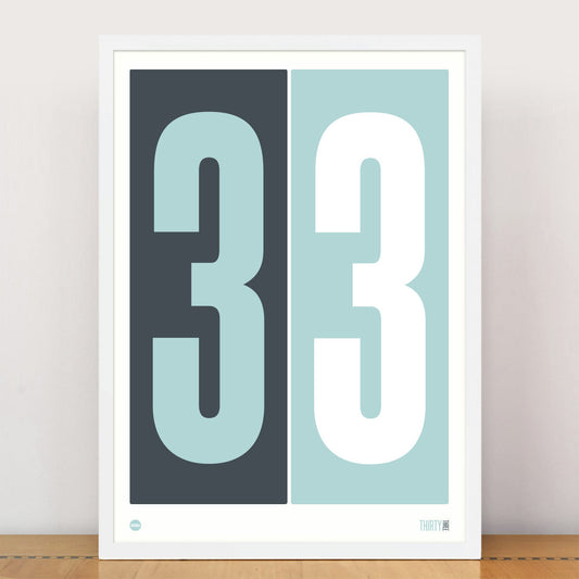 Stormy Grey & Duck Egg Blue Numbers Print