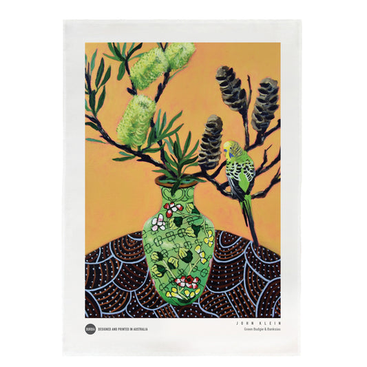 Green Budgie & Banksias Tea Towel