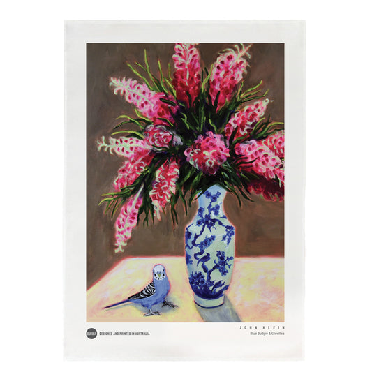 Blue Budgie & Grevillea Tea Towel