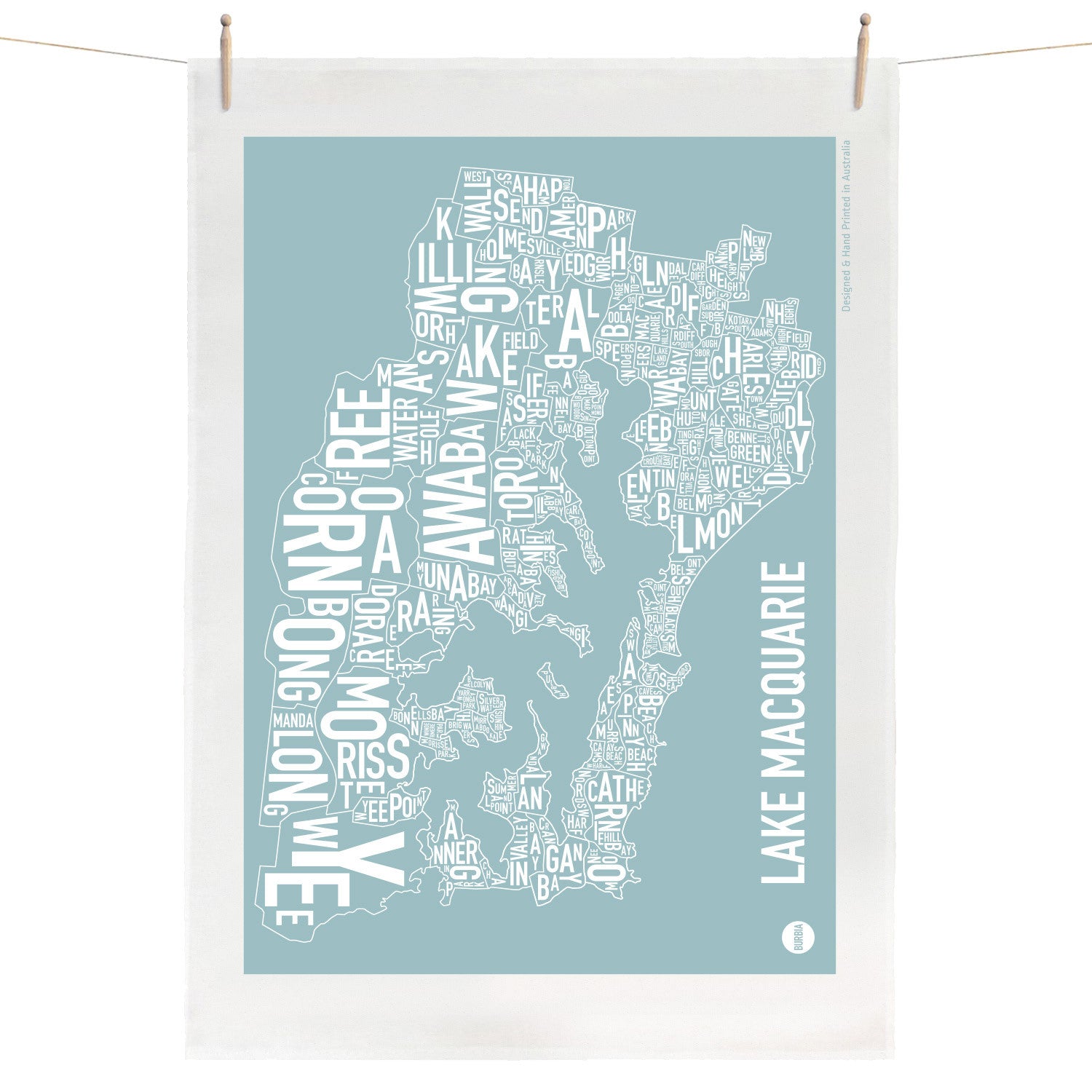 Burbia Lake Macquarie Type Print Tea Towel