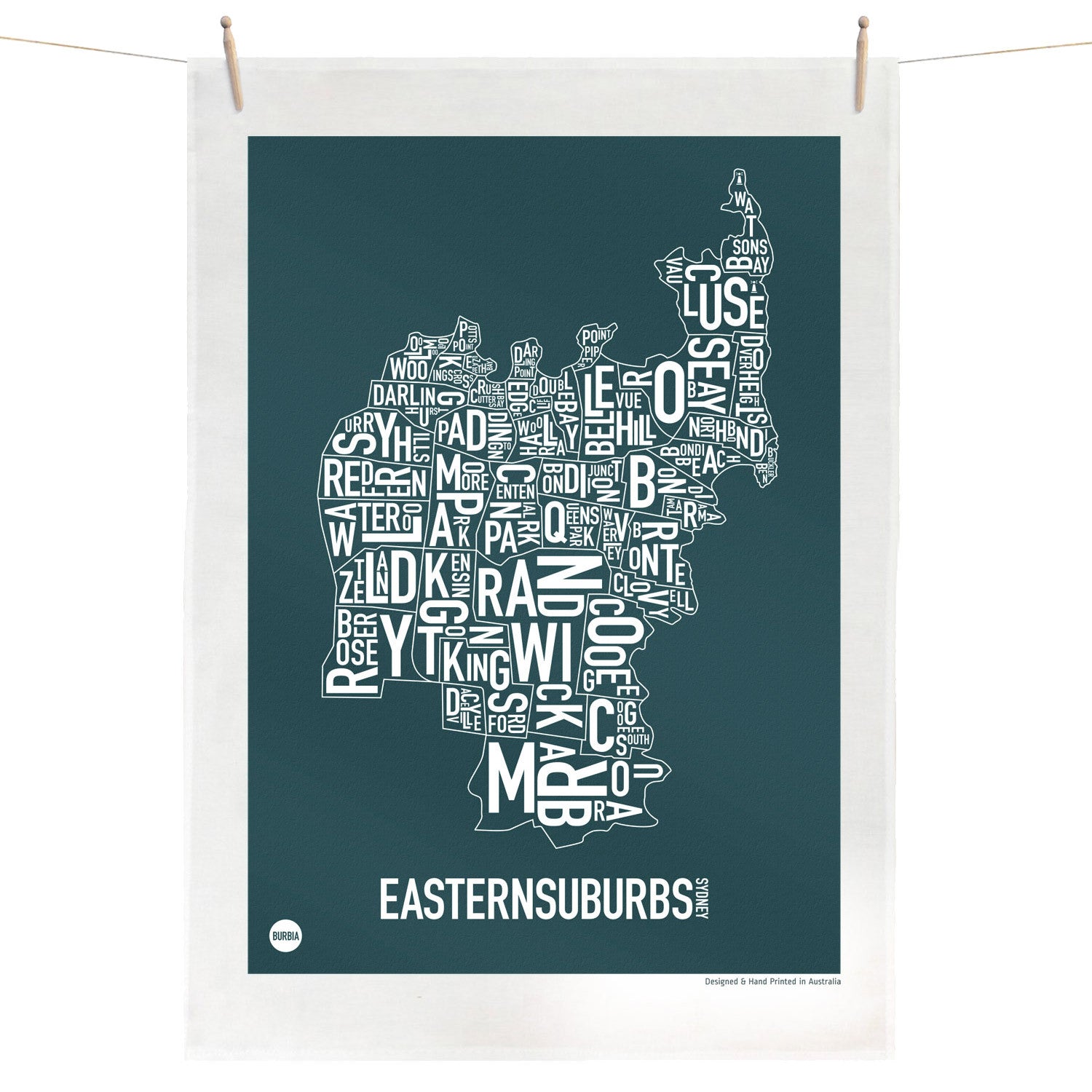 Burbia Sydney Eastern Suburbs Type Print Tea Towel